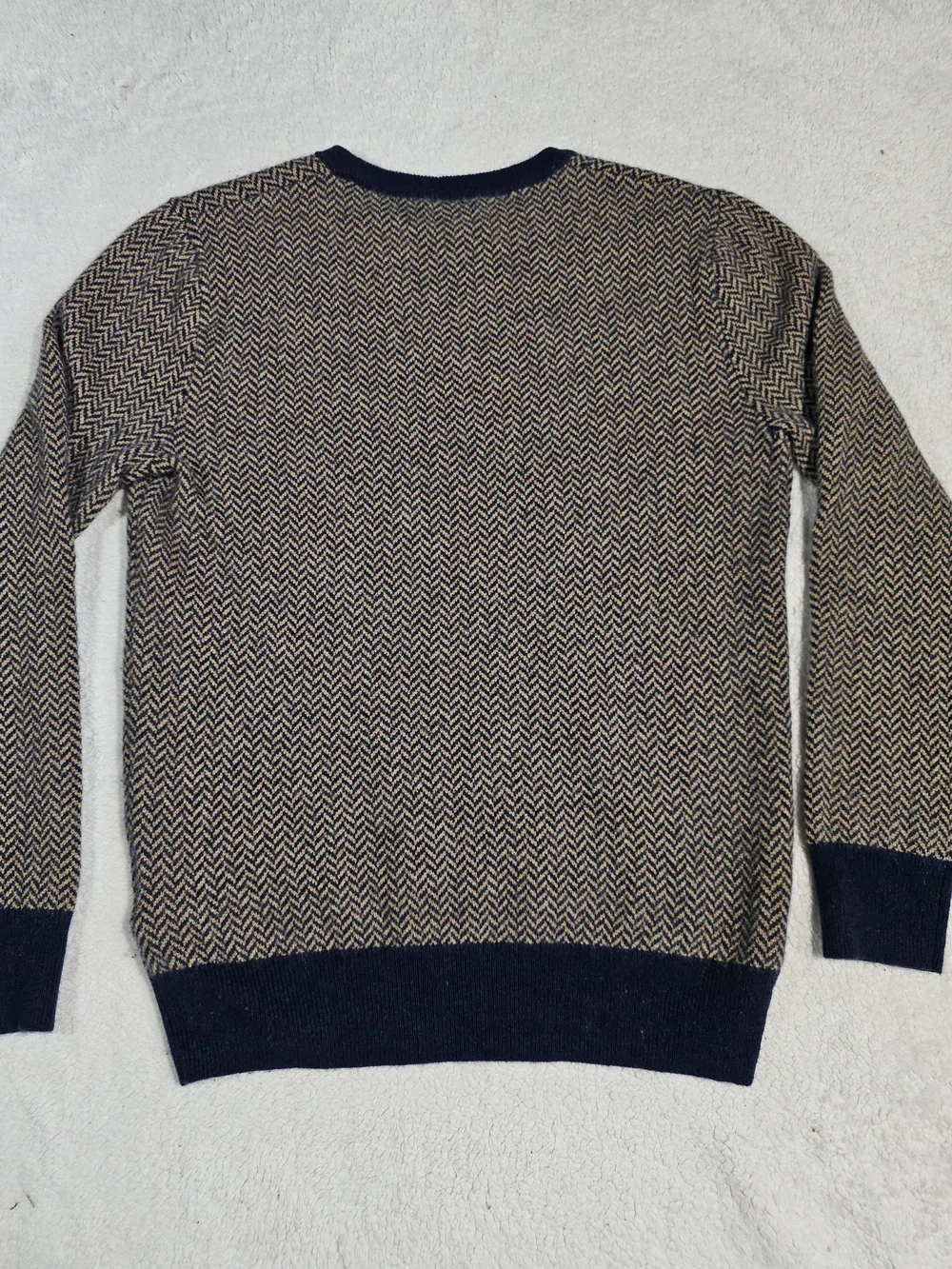 J Crew 100% Cashmere Herringbone Jacquard Crewneck Sweater in Tan & Blue Size S.